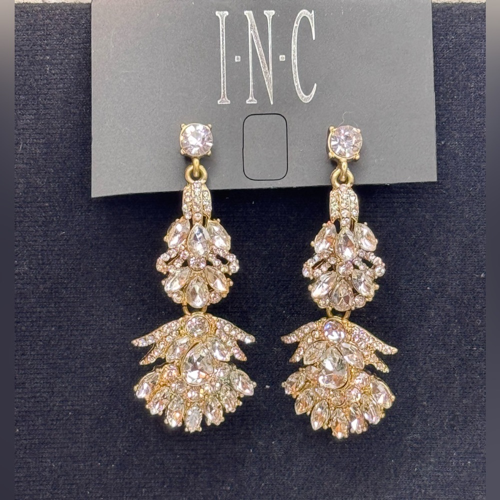 INC Gold Tone Post Dangle Fancy Crystal Earrings 2.5inch